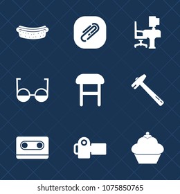 Premium set with fill icons. Such as tape, sausage, business, cassette, photographer, photography, meat, work, hammer, interior, chair, spanner, cake, dinner, camera, hotdog, office, wrench, food, hot