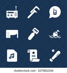 Premium set with fill icons. Such as safety, equipment, home, handyman, ball, business, radio, desk, league, reparation, technology, sound, document, ringing, office, note, buoy, phone, telephone, web