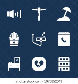 Premium set with fill icons. Such as speaker, love, underwater, tool, scuba, lunch, sea, book, mask, island, architecture, city, home, construction, heart, house, phone, button, food, hammer, yellow