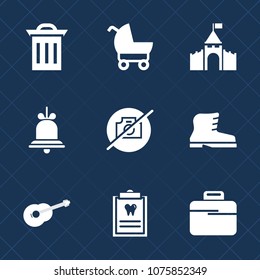 Premium set with fill icons. Such as guitar, container, alarm, dentistry, rubbish, child, musical, carriage, footwear, picture, buggy, dentist, baby, leather, photo, bell, box, music, business, pram