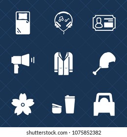 Premium set with fill icons. Such as audio, blossom, style, fashion, sakura, equipment, card, id, earphone, coat, cup, business, coffee, cherry, flower, modern, megaphone, travel, vehicle, technology