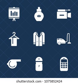 Premium set with fill icons. Such as seasoning, mobile, camera, chart, film, perfume, report, whistle, spice, graphic, communication, sport, video, food, business, luxury, female, microphone, spray