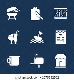 Premium set with fill icons. Such as box, bbq, liquid, sail, sale, shop, nautical, grilling, meat, glass, menu, kitchen, concept, tool, fire, cutlery, table, post, mailbox, dessert, sweet, equipment