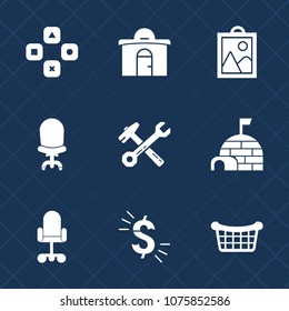 Premium set with fill icons. Such as currency, room, business, office, hammer, web, store, gaming, photo, camera, arctic, wrench, house, play, picture, armchair, igloo, video, usd, home, computer, ice