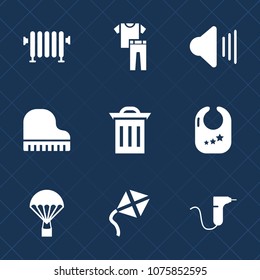 Premium set with fill icons. Such as leisure, parachute, music, dentistry, child, equipment, energy, temperature, boiler, baby, sound, box, shirt, trash, dress, medical, waste, toy, clothing, rattle