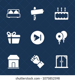 Premium set with fill icons. Such as home, sign, decoration, interior, music, street, way, sugar, food, present, sale, human, gift, pie, double, hand, white, concept, box, finger, bed, bakery, cake