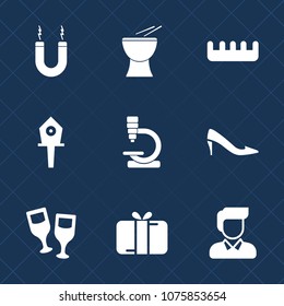 Premium set with fill icons. Such as birdhouse, alcohol, hair, gift, research, biology, sound, drum, female, percussion, hairstyle, magnetic, house, holiday, red, brush, wooden, hairbrush, wine, male