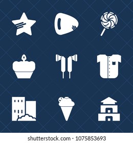 Premium set with fill icons. Such as culture, cookie, striped, sound, sweet, dessert, chocolate, ice, muffin, star, travel, food, electric, guitar, lollipop, success, stick, clothing, fashion, string