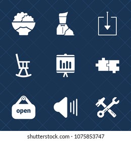 Premium set with fill icons. Such as tool, downloading, business, puzzle, food, interior, service, restaurant, graphic, music, report, wrench, store, grain, download, office, sound, volume, raw, audio