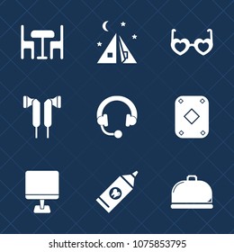 Premium set with fill icons. Such as audio, service, care, fashion, chair, tent, computer, vintage, music, glasses, game, headphone, brush, play, leisure, food, nature, sound, camp, sunglasses, pc
