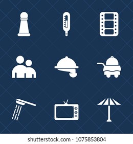 Premium set with fill icons. Such as person, umbrella, shower, bed, japanese, bath, entertainment, television, water, temperature, celsius, man, film, tv, bathroom, restaurant, movie, human, piece