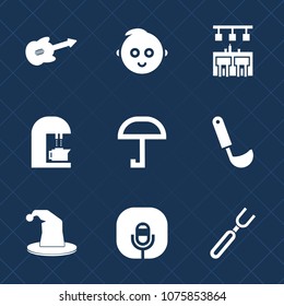Premium set with fill icons. Such as cute, glass, little, music, spoon, radio, rain, cafe, sign, cooking, knife, circus, childhood, graphic, people, alcohol, weather, drink, musical, sound, restaurant