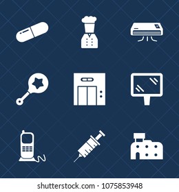 Premium set with fill icons. Such as air, infant, toy, entrance, city, clinic, cold, stationary, kitchen, banner, pill, modern, conditioning, dentistry, chief, baby, office, road, phone, drug, vitamin