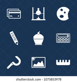 Premium set with fill icons. Such as calculator, beauty, research, image, button, photo, card, sweet, money, comb, sickle, harvest, brush, cookie, plastic, picture, medicine, pencil, science, pie, pen