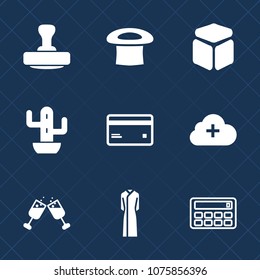 Premium set with fill icons. Such as post, cube, add, money, botany, certificate, drink, business, green, bank, debit, plastic, hat, plant, buy, glass, payment, dress, cloud, banking, card, alcohol