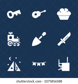 Premium set with fill icons. Such as guitar, table, music, safe, transport, key, musical, tool, sign, restaurant, electric, cake, sound, adventure, fork, equipment, instrument, travel, dessert, work
