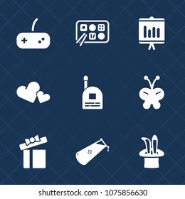 Premium set with fill icons. Such as document, gift, child, young, love, restaurant, play, meal, heart, fun, background, chart, celebration, butterfly, controller, chemical, chinese, chemistry, graph
