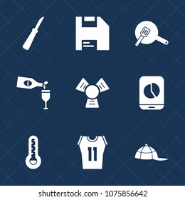 Premium set with fill icons. Such as alcohol, mobile, bottle, diskette, drink, basketball, cap, pot, knife, red, view, game, pan, cooking, hat, white, restaurant, clothing, thermometer, kitchen, blue