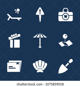 Premium set with fill icons. Such as map, shovel, care, pin, summer, celebration, vacation, holiday, toothbrush, pointer, exclamation, nature, seashell, present, construction, sign, marine, dental