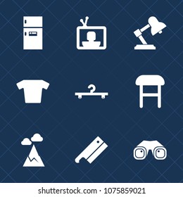 Premium set with fill icons. Such as comfortable, fashion, television, fridge, entertainment, home, table, equipment, appliance, refrigerator, cloakroom, shop, cold, technology, hanger, wardrobe, blue