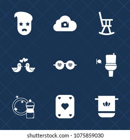Premium set with fill icons. Such as style, restroom, broom, sunglasses, toilet, bird, cloud, valentine, cleaner, old, retro, public, poker, interior, bathroom, animal, wc, towel, heart, glasses, dove