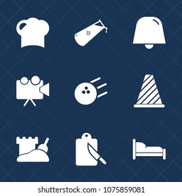 Premium set with fill icons. Such as food, projection, restaurant, road, notification, bowling, furniture, ball, atom, cutlery, kitchen, bedroom, street, fun, internet, sand, chemistry, bed, chemical