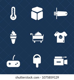 Premium set with fill icons. Such as strawberry, white, restaurant, element, technology, film, cream, summer, cube, kid, card, thermometer, equipment, temperature, ice, joystick, memory, flash, cone