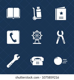 Premium set with fill icons. Such as service, fun, transportation, shipping, page, people, spanner, ball, cargo, communication, delivery, paper, park, want, box, sport, library, favorite, literature