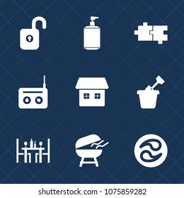 Premium set with fill icons. Such as protection, child, clean, security, sandbox, mon, equipment, safety, food, care, shape, radio, home, health, summer, soap, music, sand, safe, object, element, key