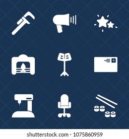 Premium set with fill icons. Such as warm, handyman, voice, industrial, orchestra, communication, astronomy, chair, sky, fashion, loud, repair, musical, message, audio, service, sewing, fish, sushi