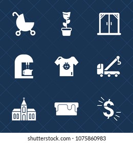 Premium set with fill icons. Such as dessert, accident, window, cake, stroller, modern, car, decoration, truck, interior, dollar, pot, family, wheel, pie, baby, carriage, caffeine, sweet, white, cafe