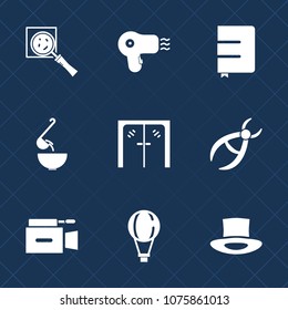 Premium set with fill icons. Such as parachute, dryer, medical, hair, spoon, book, magnifier, zoom, hairdryer, hat, entrance, television, sky, textbook, parachuting, meal, camera, clinic, search, soup