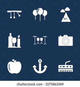 Premium set with fill icons. Such as food, music, balloon, decoration, mountain, photography, photographer, drum, chain, technology, bright, sound, party, hill, air, peak, anchor, alcohol, happy, sign