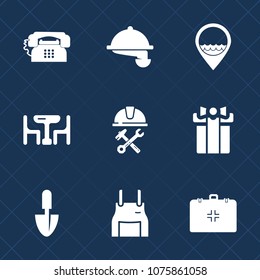 Premium set with fill icons. Such as apron, present, helmet, celebration, cafe, food, holiday, health, construction, emergency, communication, medical, work, woman, internet, uniform, tool, restaurant