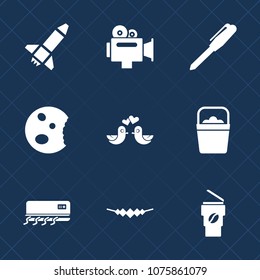 Premium set with fill icons. Such as school, necklace, video, camera, food, rocket, conditioning, love, stationery, camcorder, pen, dessert, drink, equipment, accessory, lens, technology, object, sign