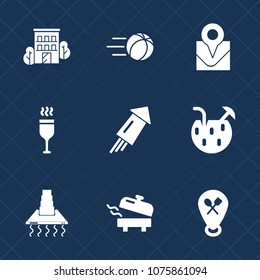 Premium set with fill icons. Such as real, home, boiler, game, cocktail, business, football, concept, goal, city, celebration, holiday, water, location, kick, sport, cooking, flying, pin, glass, hood