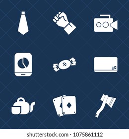 Premium set with fill icons. Such as game, handle, hand, food, professional, drink, tie, sweet, video, human, equipment, fashion, business, computer, suit, lollipop, axe, camera, graph, poker, chart