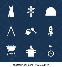 Premium set with fill icons. Such as shovel, nutrition, direction, engineering, elegance, bike, clothing, launch, hat, circus, drawing, dress, female, grill, cooking, clothes, arrow, meat, work, bbq