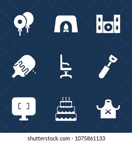 Premium set with fill icons. Such as room, ice, party, strawberry, celebration, air, balloon, decoration, technology, home, fireplace, happy, cream, speaker, chair, food, cooking, winter, bright, cake