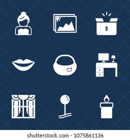Premium set with fill icons. Such as work, object, backpack, rucksack, light, map, couple, office, lips, frame, pin, pack, image, decoration, beautiful, container, business, desk, girl, bride, table