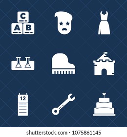 Premium set with fill icons. Such as test, laboratory, education, music, hammer, architecture, building, vintage, fashion, hipster, wrench, style, cake, fun, graphic, sign, female, toy, musical, tower