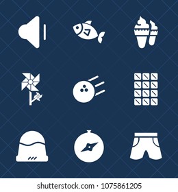 Premium set with fill icons. Such as cream, flower, volume, sport, fish, sign, shorts, nature, cap, white, template, map, vanilla, fashion, compass, north, sweet, chocolate, sea, headwear, seafood, up