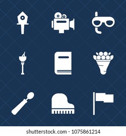 Premium set with fill icons. Such as spoon, movie, lens, underwater, decoration, bucket, bouquet, piano, ice, sport, camcorder, film, kitchen, video, nest, nature, wood, alcohol, musical, music, box