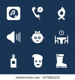Premium set with fill icons. Such as graphic, flame, audio, fireplace, campfire, sign, music, hot, kid, glass, food, footwear, camp, center, hipster, contact, call, style, child, melody, sound, retro