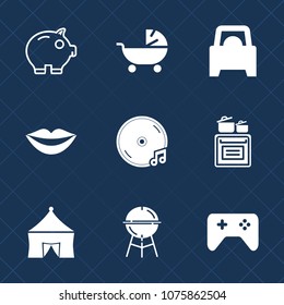 Premium set with fill icons. Such as tent, toddler, vehicle, financial, pram, coin, meat, teeth, automobile, finance, kid, game, bbq, circus, female, carriage, family, beauty, transportation, economy