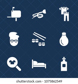 Premium set with fill icons. Such as letter, bottle, idea, sushi, salmon, glass, clothing, home, furniture, correspondence, beverage, fish, clothes, delivery, sound, mailbox, hipster, communication