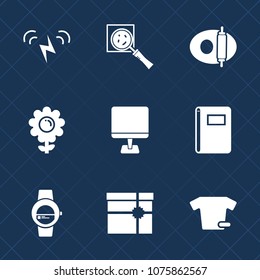 Premium set with fill icons. Such as gift, clothing, book, clothes, gadget, computer, magnification, present, environment, ecology, pan, floral, pc, paper, smart, notebook, internet, box, power, solar