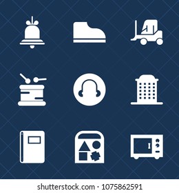 Premium set with fill icons. Such as ball, bell, saxophone, music, violin, toy, notebook, sound, drum, ring, alarm, city, sport, transport, footwear, call, paper, reminder, black, notification, truck