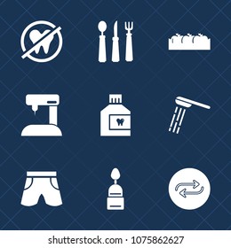 Premium set with fill icons. Such as dentistry, kitchen, shower, cake, white, dinner, sew, box, shorts, doughnut, mouthwash, fashion, mouth, organic, bath, change, meal, fork, food, machine, concept