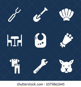 Premium set with fill icons. Such as kitchen, chair, animal, child, infant, bunny, wrench, clothing, nature, mollusk, rattle, floral, fork, flower, spoon, screwdriver, tool, dinner, ocean, shovel, toy